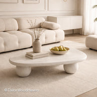 White oval coffee table with modern design and balanced proportions