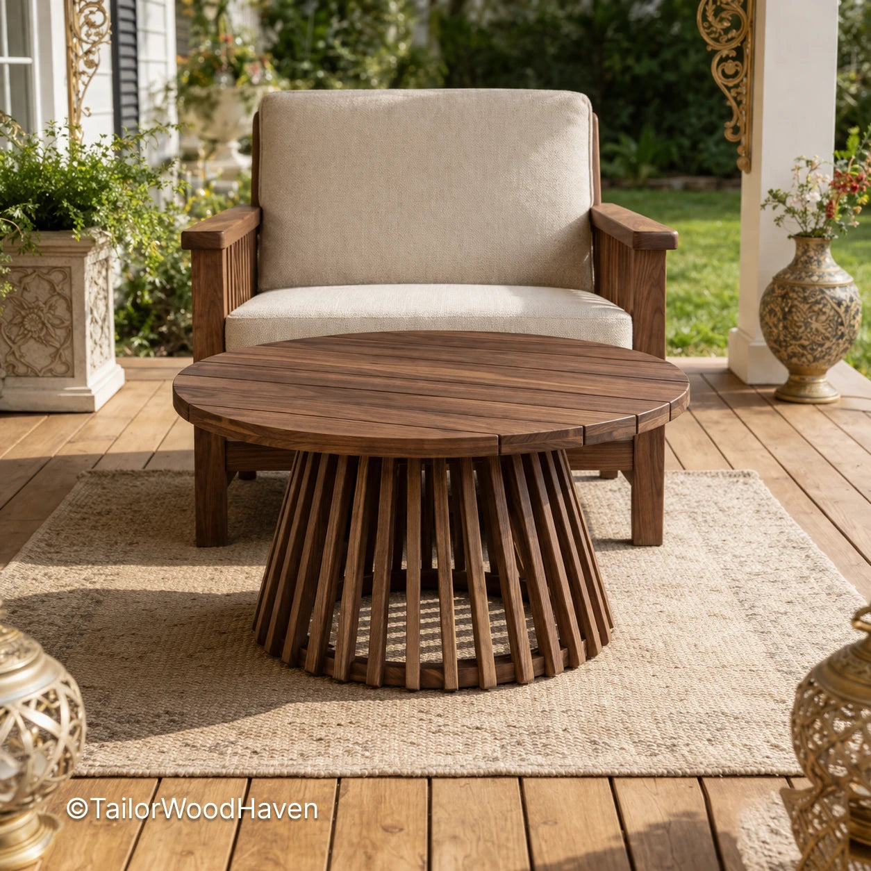 Minimal round coffee table for outdoor spaces with stable structure and smooth tabletop
