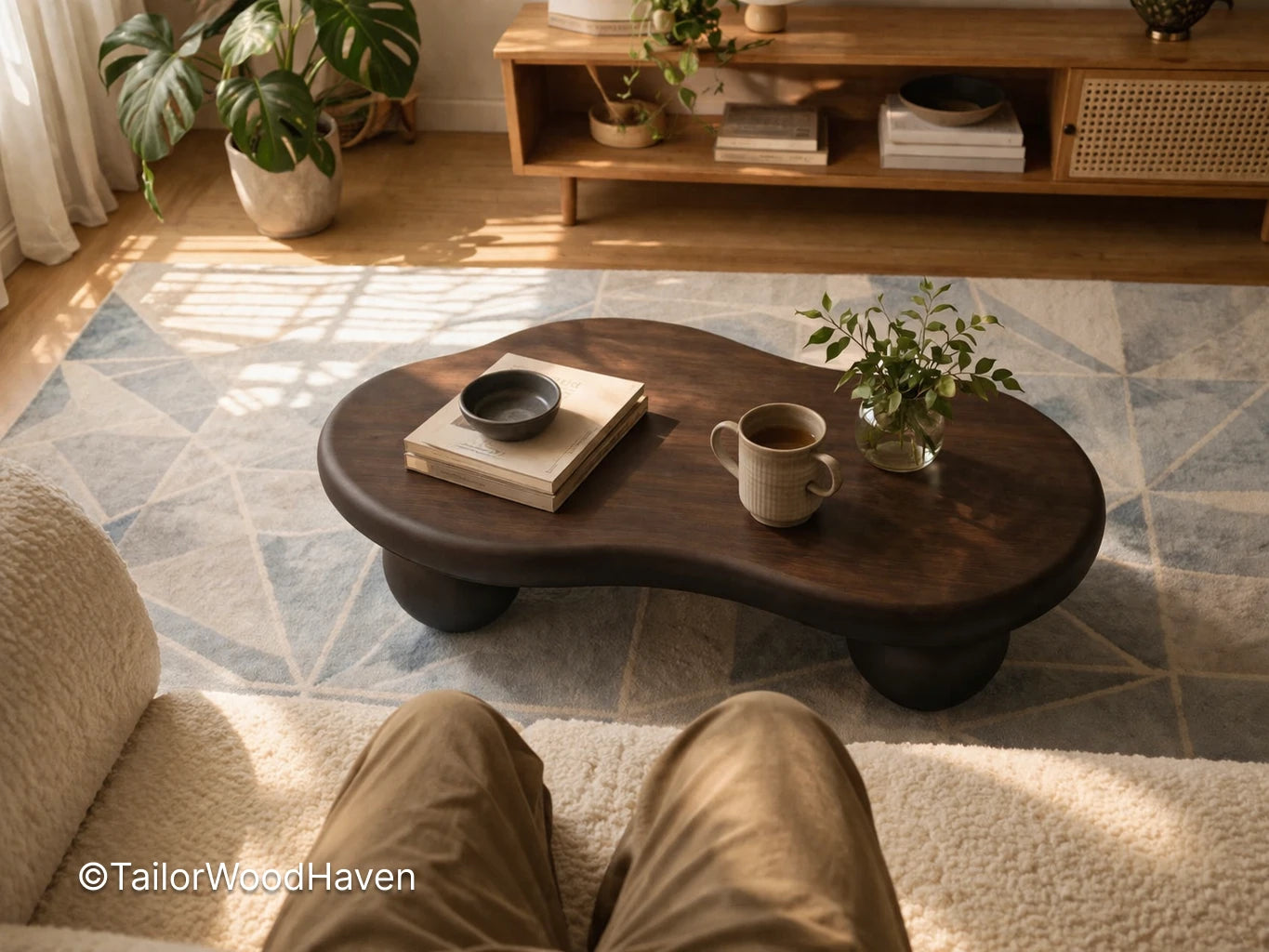 Oval coffee table for living room in solid wood with smooth surface and balanced design