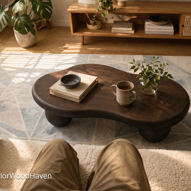 Oval coffee table for living room in solid wood with smooth surface and balanced design