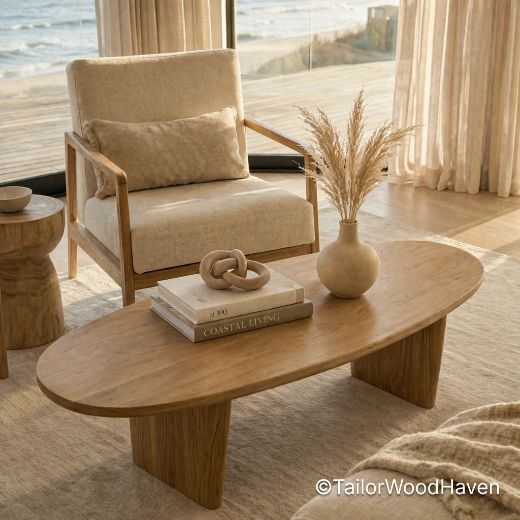 Light wood oval coffee table with balanced shape and durable smooth finish