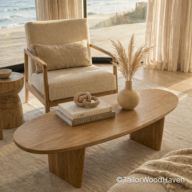 Light wood oval coffee table with balanced shape and durable smooth finish