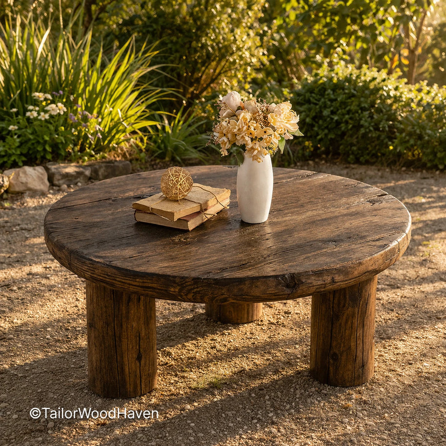 Minimal rustic outdoor coffee table with sturdy build and smooth tabletop