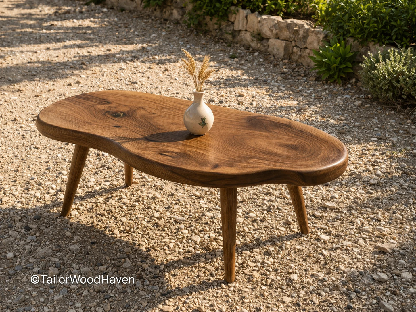Oval outdoor coffee table made of solid wood with a smooth surface and curved design