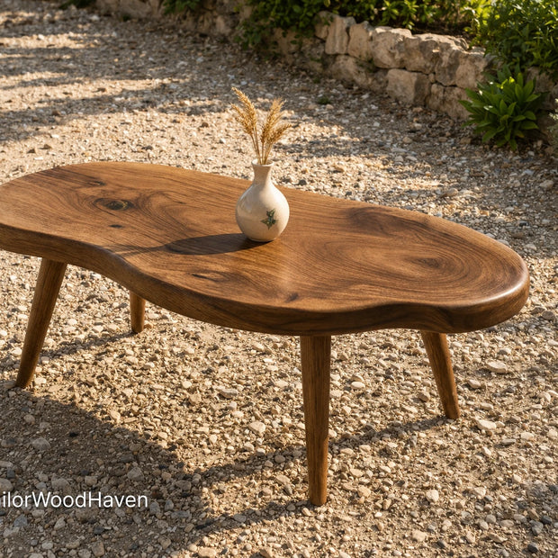 Oval outdoor coffee table made of solid wood with a smooth surface and curved design