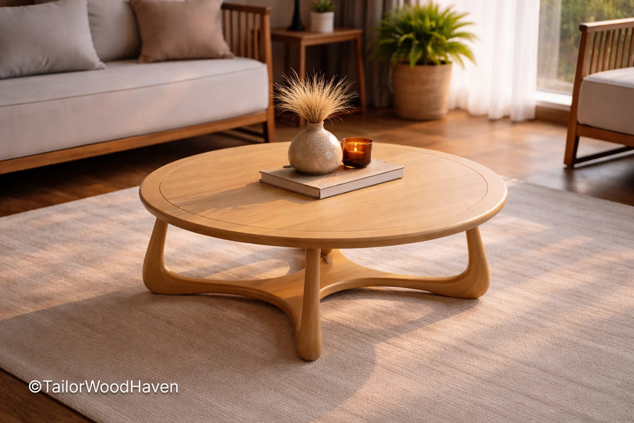 Brown oval coffee table with minimalist design and balanced proportions