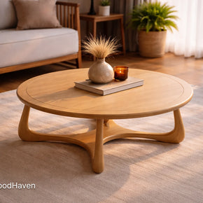 Brown oval coffee table with minimalist design and balanced proportions
