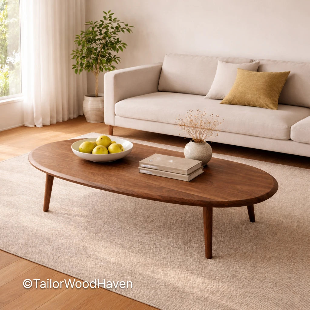 Modern oval coffee table with natural wood grain and durable smooth finish