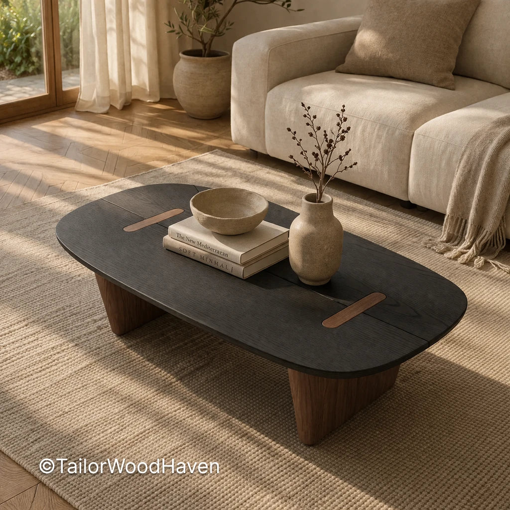 Dark wood oval coffee table with minimalist shape and rich wood tone