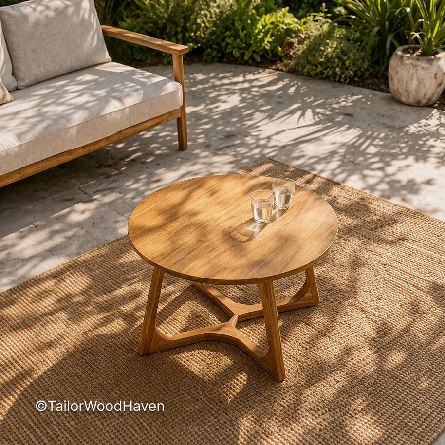 Solid wood patio coffee table with clean design and visible wood grain detail