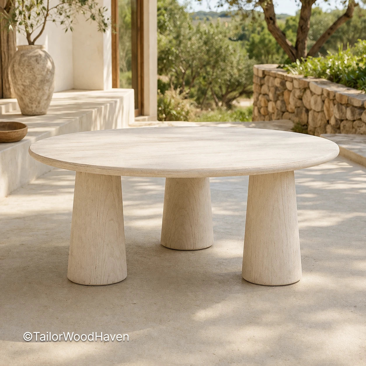 Minimal white round outdoor coffee table with sturdy construction and smooth tabletop