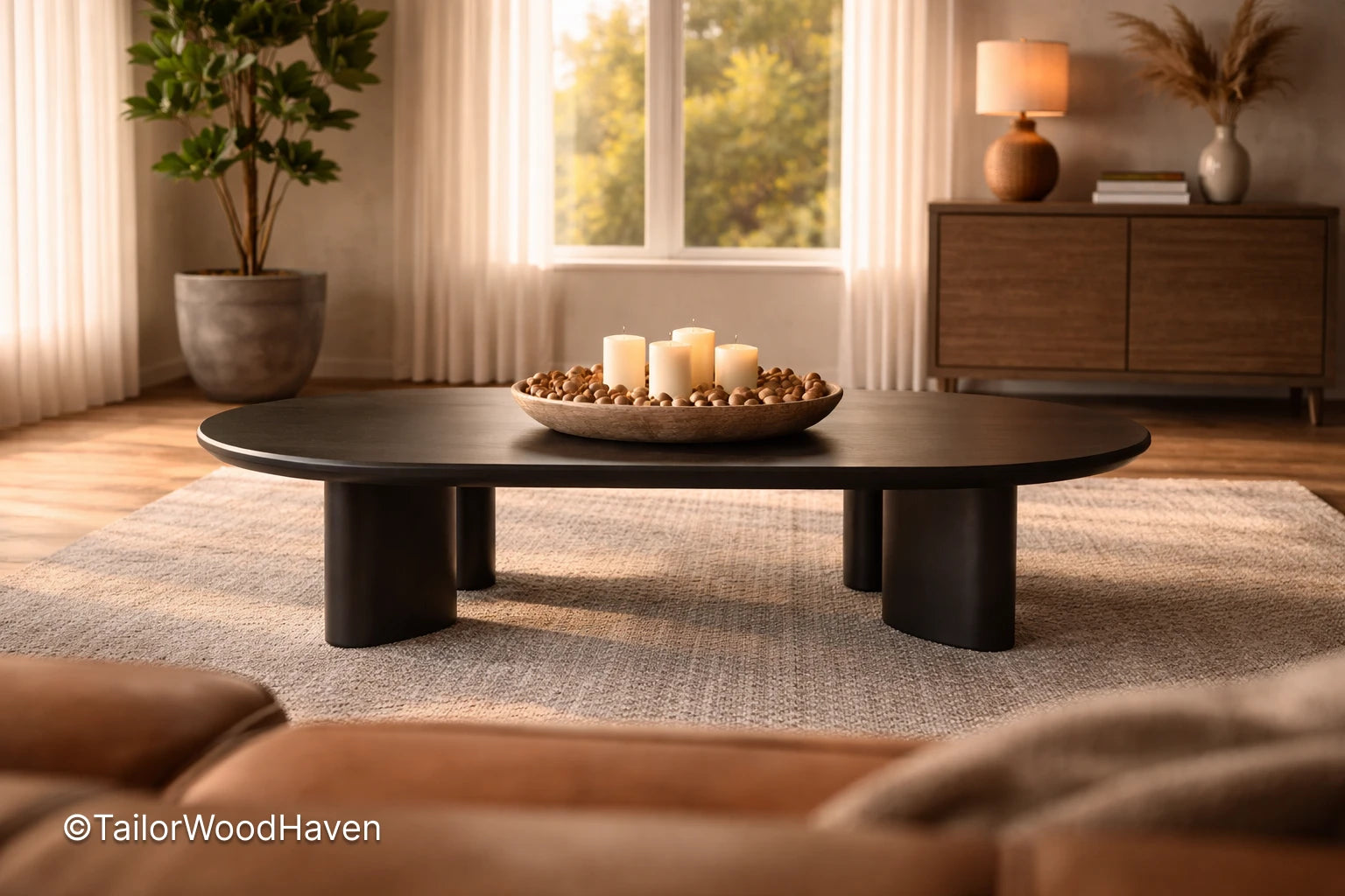Modern living room with a dark oval wooden coffee table.