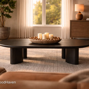 Modern living room with a dark oval wooden coffee table.