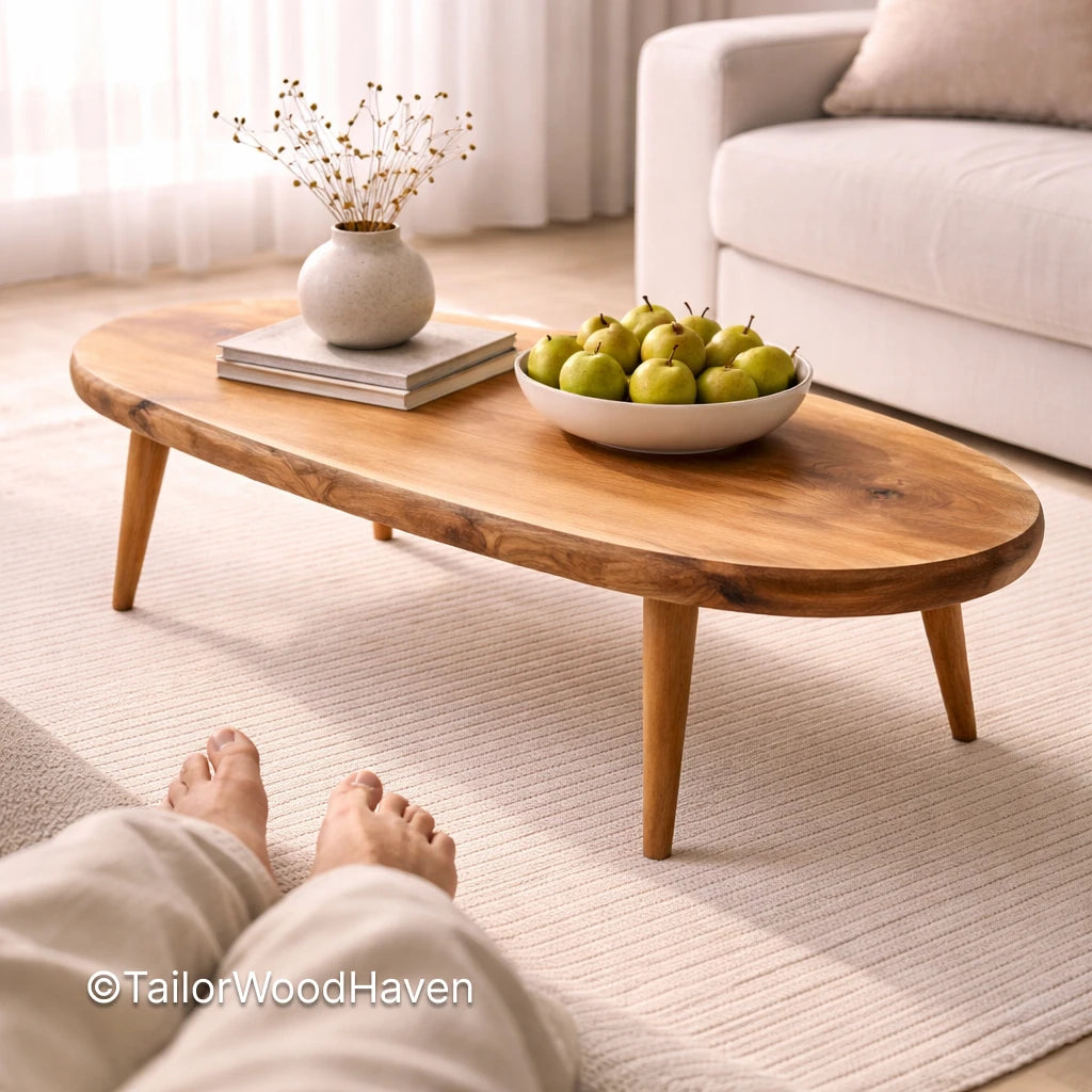 Modern oval coffee table in solid wood with smooth surface and minimalist design