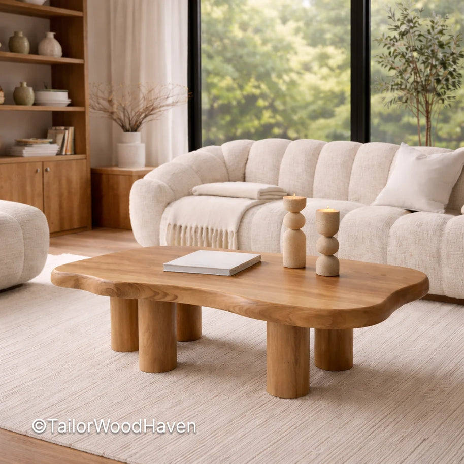Small oval  wooden coffee table in a living room with a beige sofa and decor elements.