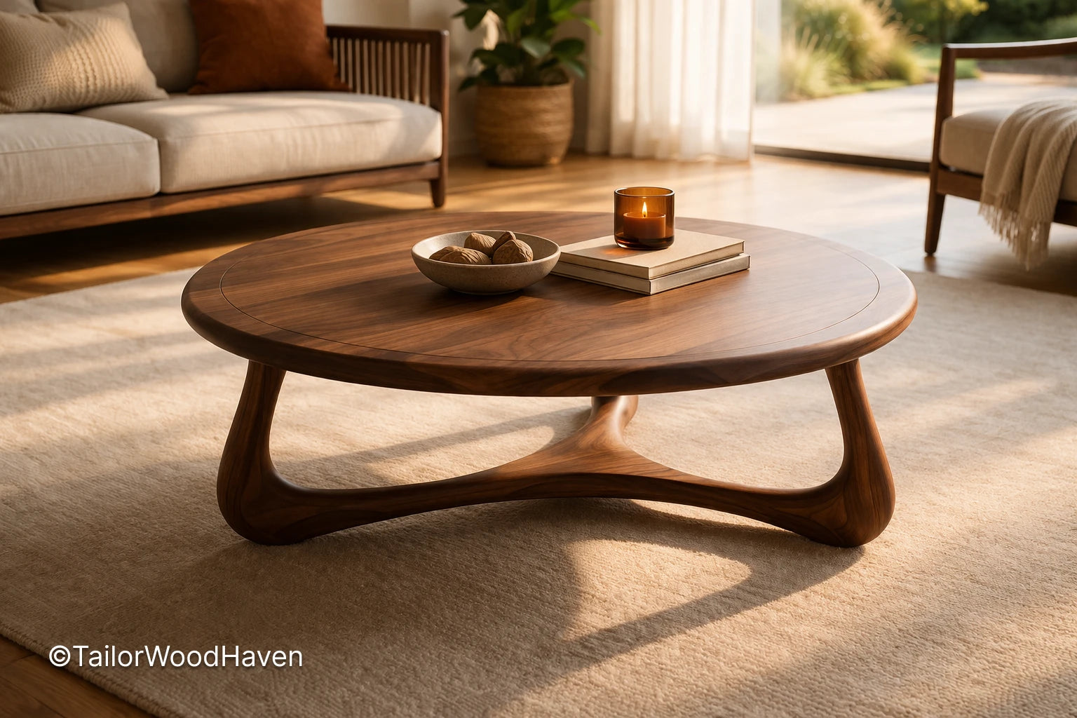 Brown oval coffee table in solid wood with smooth surface and warm tone