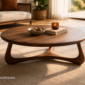 Brown oval coffee table in solid wood with smooth surface and warm tone