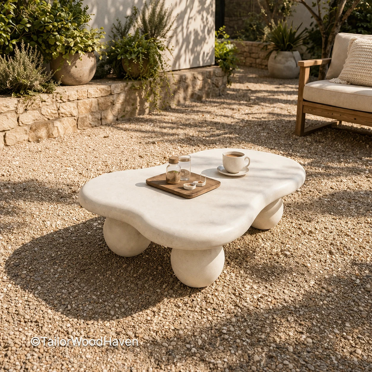Modern white outdoor coffee table with stable build and balanced proportions