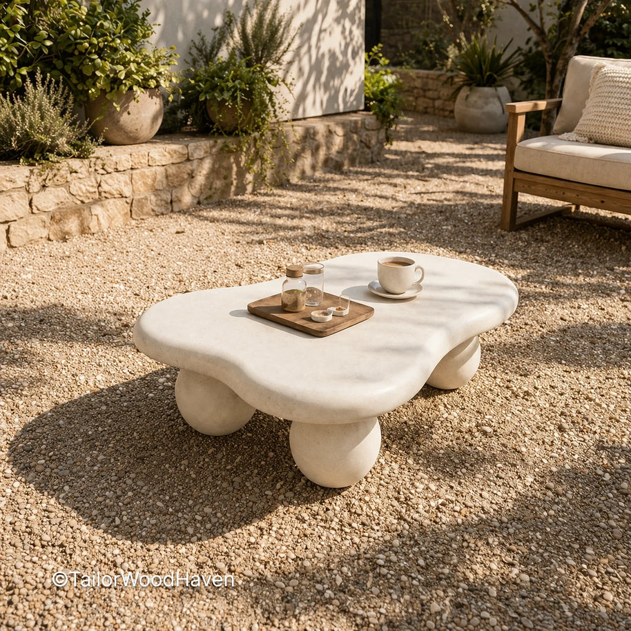 Modern white outdoor coffee table with stable build and balanced proportions