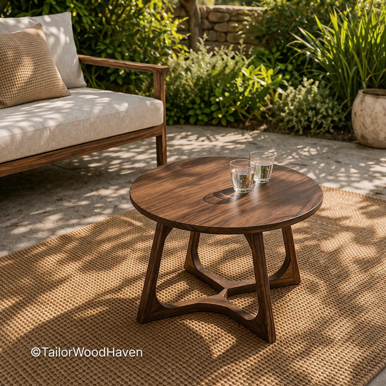 Minimal wooden outdoor coffee table with sturdy construction and smooth tabletop