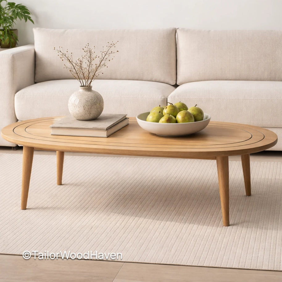 Solid wood modern oval coffee table with clean edges and balanced shape