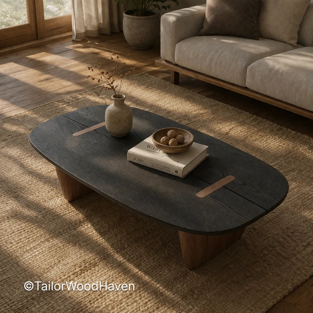 Dark wood oval coffee table with smooth surface and balanced design