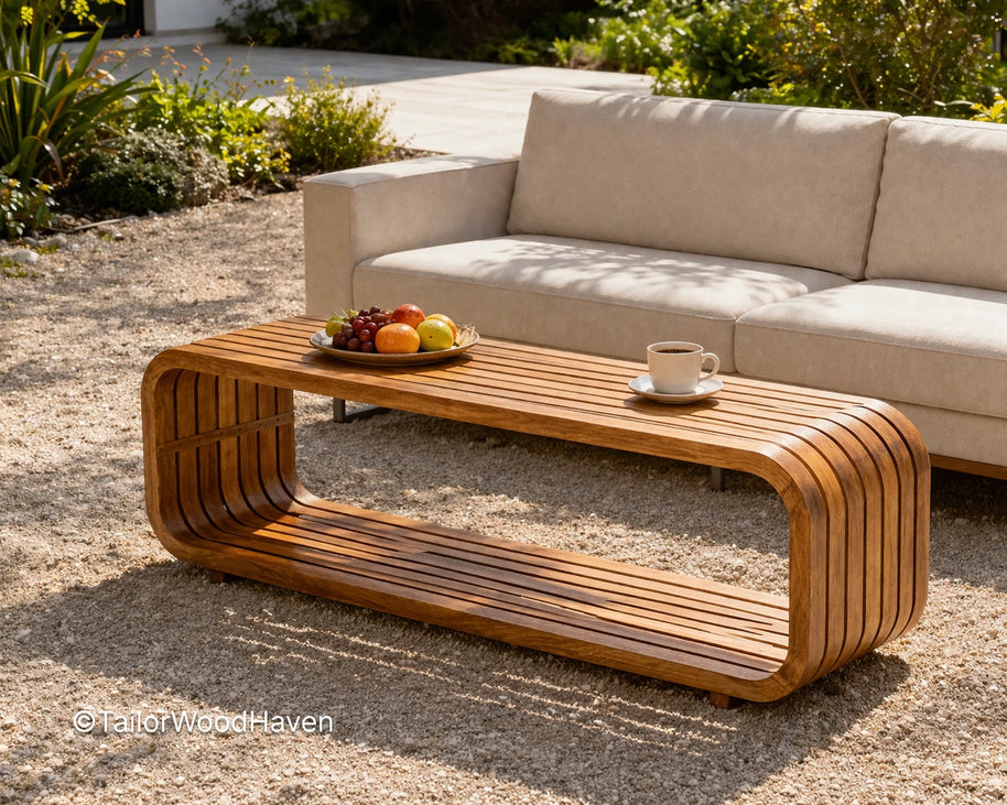 Solid wood modern coffee table for outdoor spaces with simple structured form