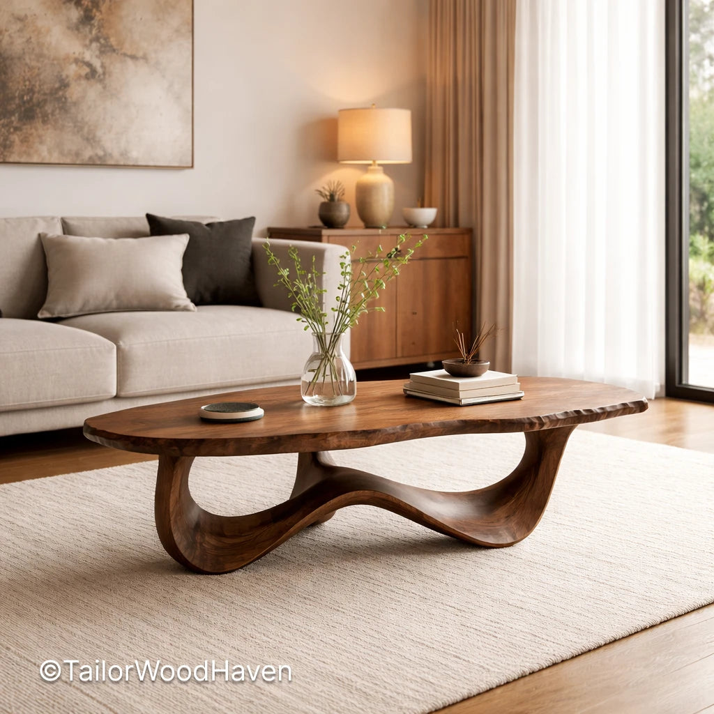 Walnut oval coffee table with minimalist design and balanced proportions