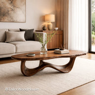 Walnut oval coffee table with minimalist design and balanced proportions