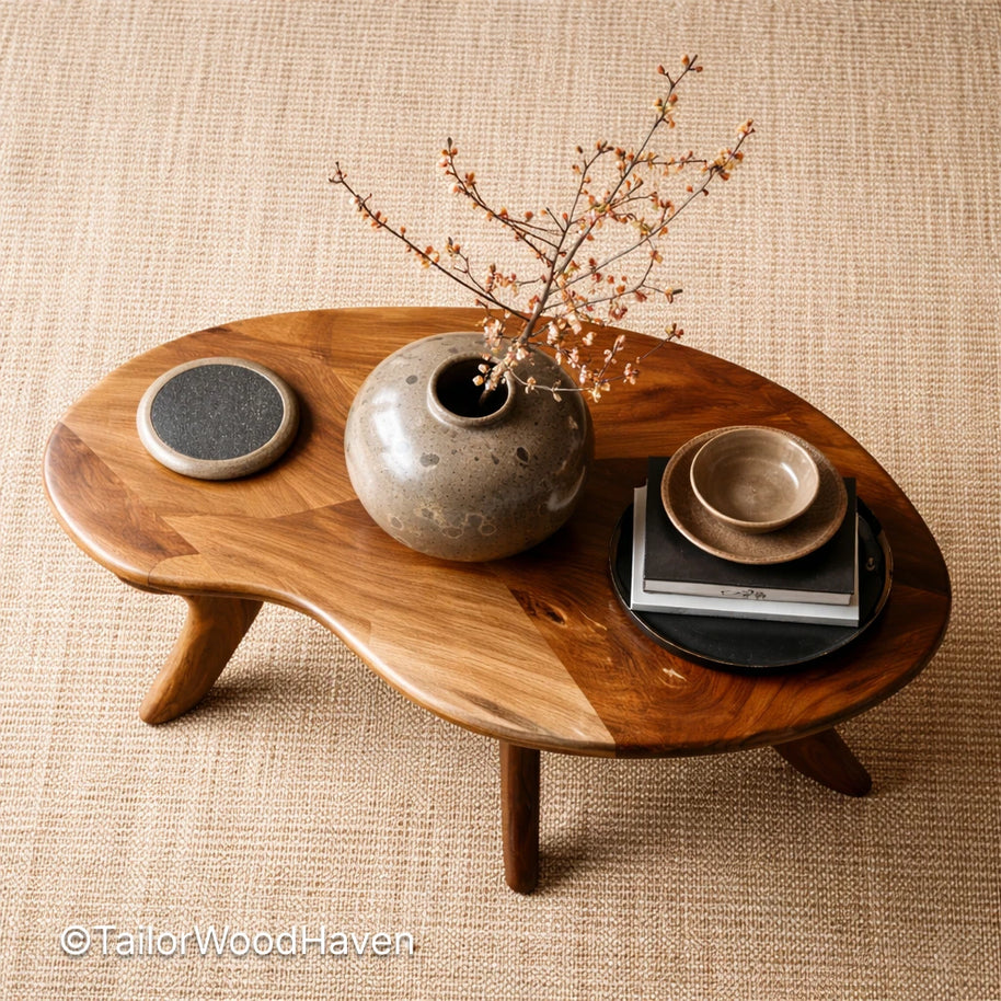 Mid century modern oval coffee table in solid wood with clean lines and smooth surface