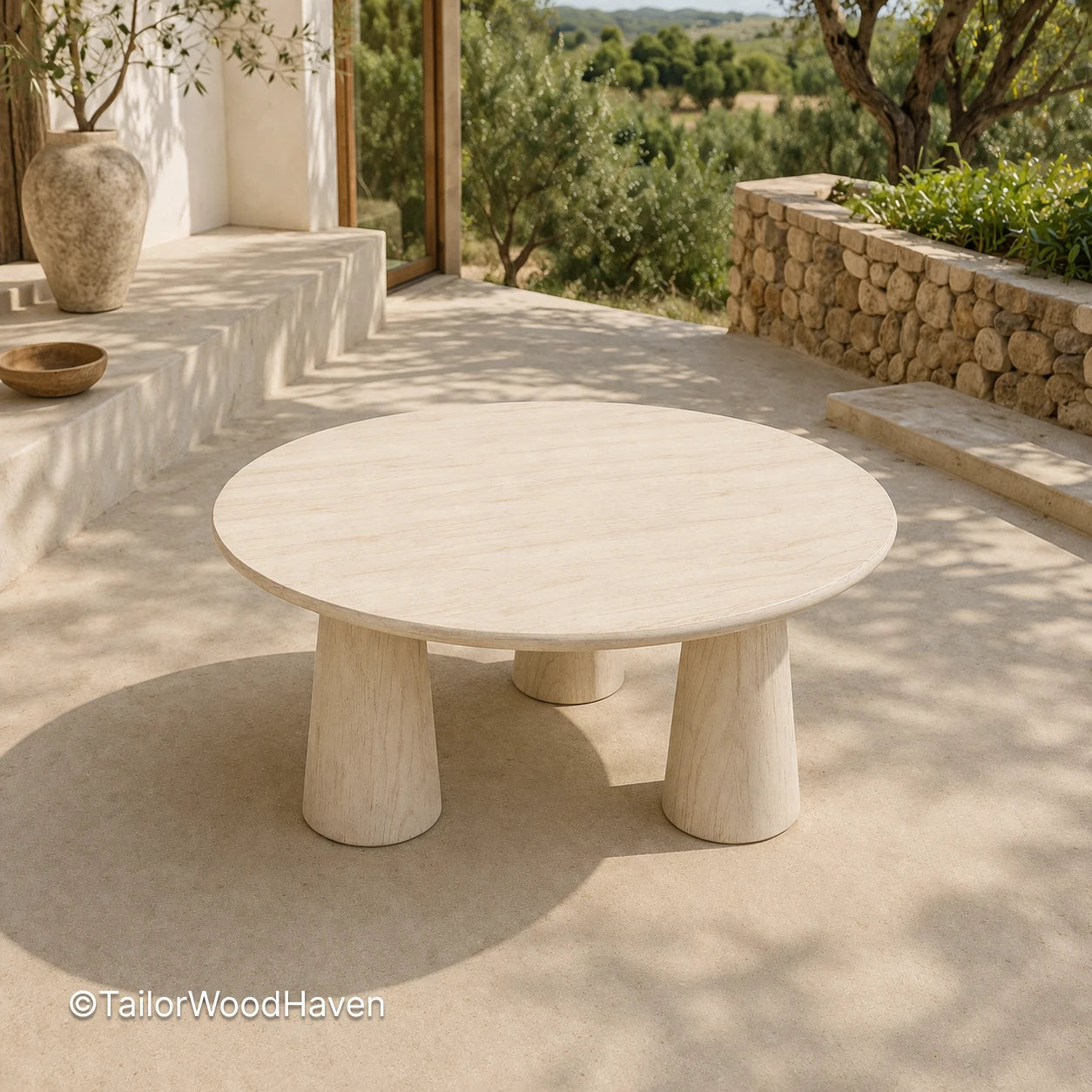 Modern white round coffee table for outdoor spaces with durable build and clean edges