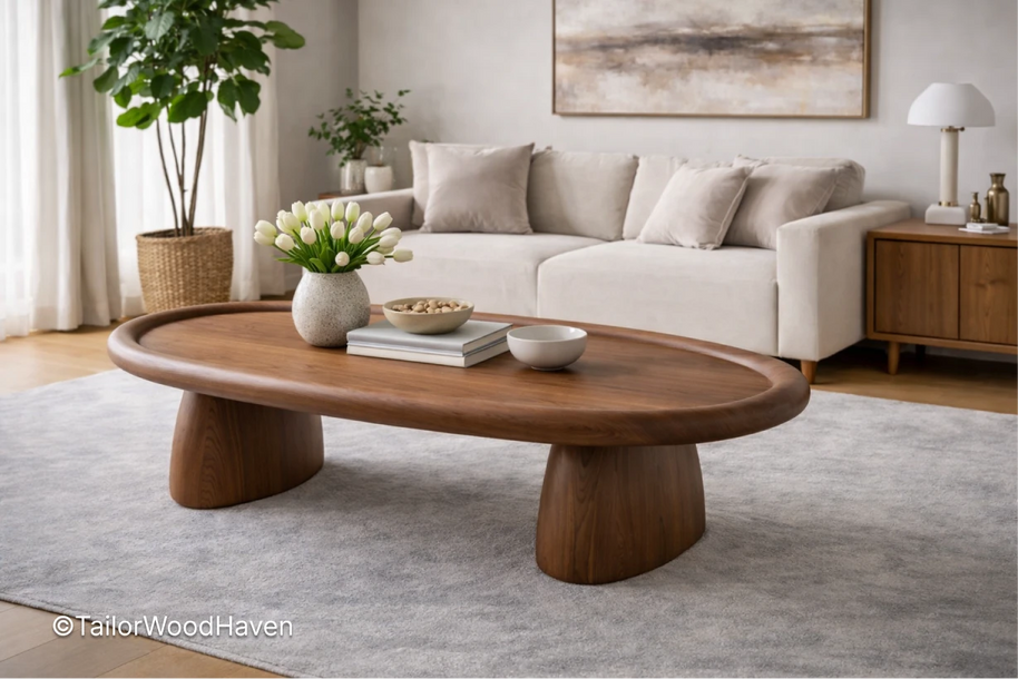 Wide oval coffee table for living room with natural wood grain and balanced shape