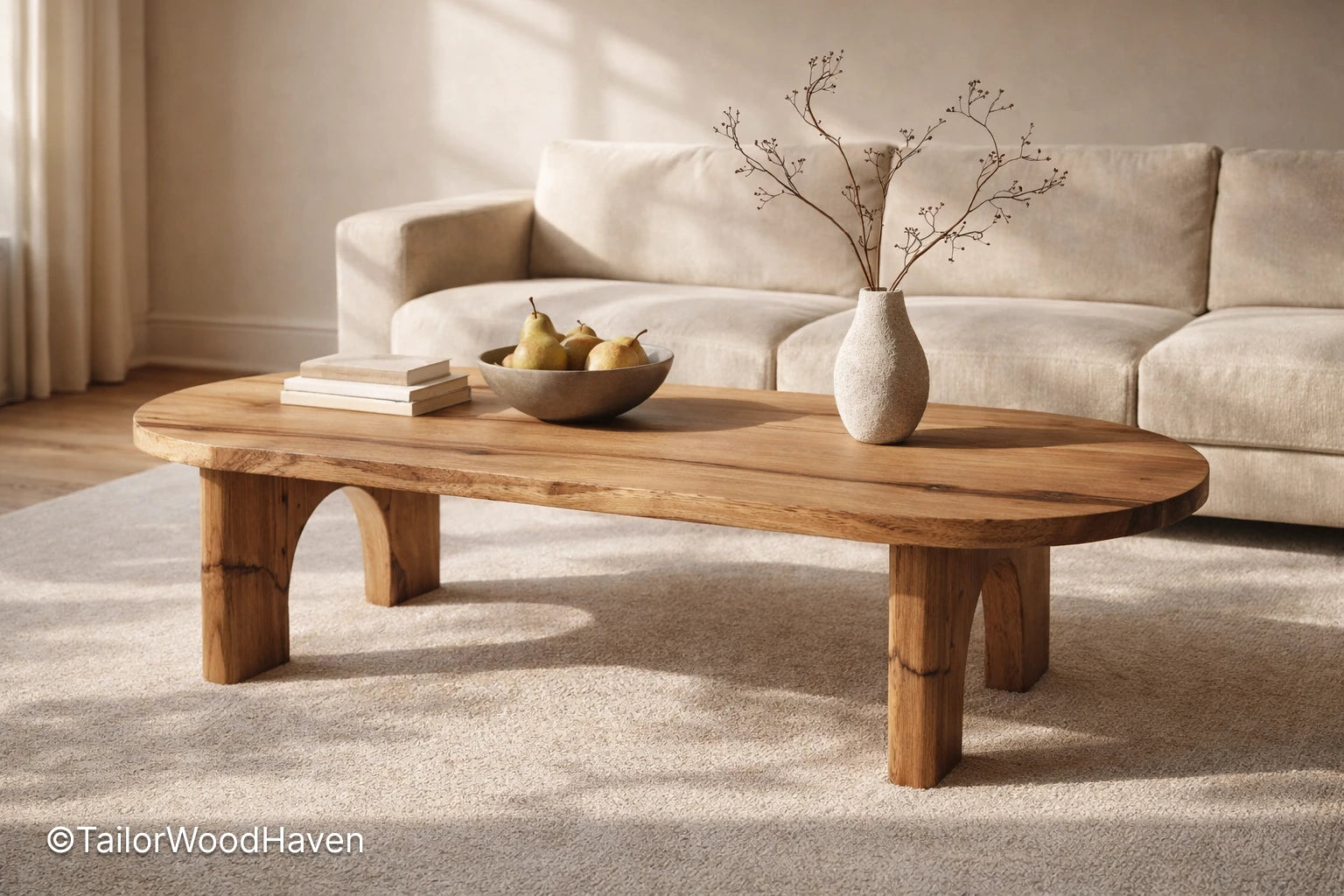 Solid wood oval coffee table with natural grain and smooth surface