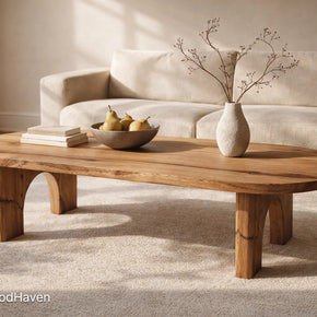 Solid wood oval coffee table with natural grain and smooth surface