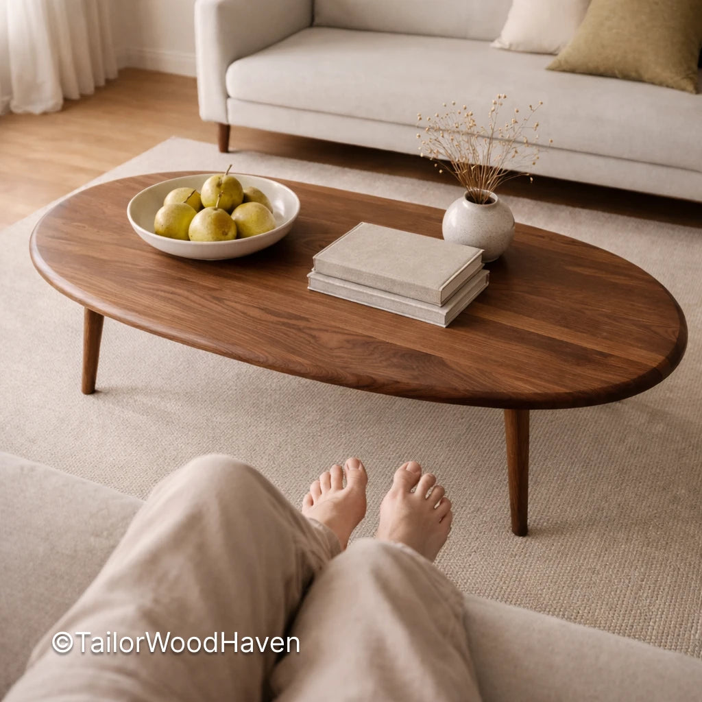 Contemporary oval coffee table in solid wood with smooth surface and modern design
