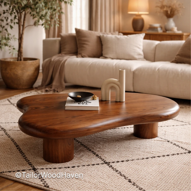 Small oval wooden coffee table in a living room with decor items on top, featuring 'Tailor WoodHaven' branding.