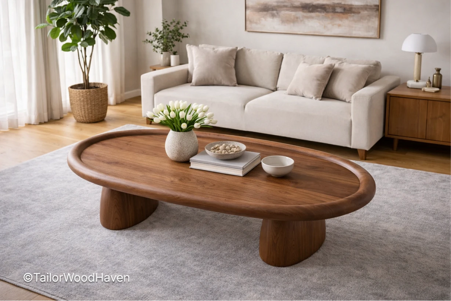 Large oval coffee table for living room with minimalist design and extended surface