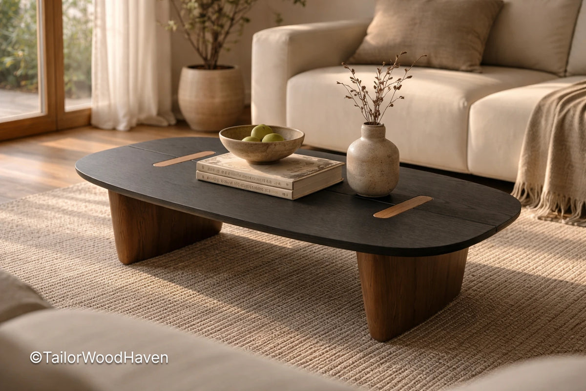 Solid wood dark oval coffee table with clean edges and durable finish