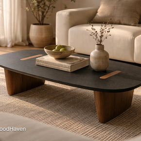 Solid wood dark oval coffee table with clean edges and durable finish