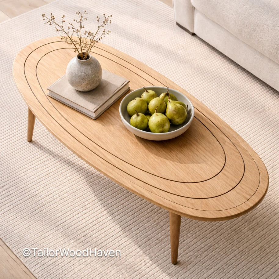 Minimal oval coffee table with natural wood grain and durable smooth finish