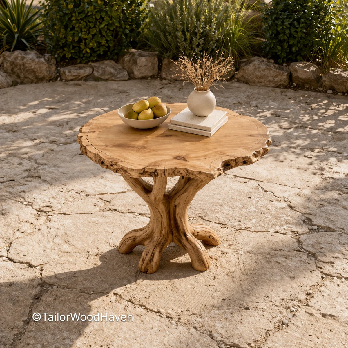 Round natural wood table with a sculptural root-style base on a stone patio