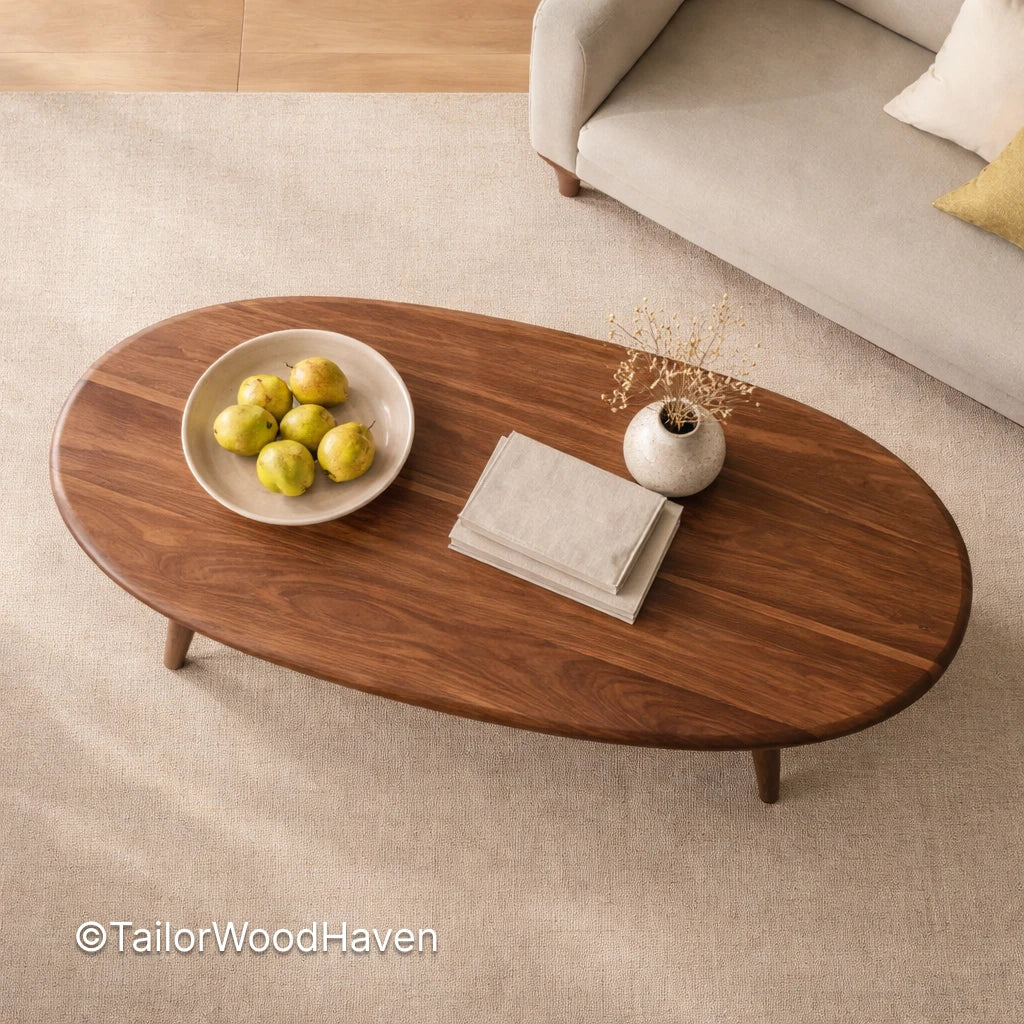 Solid wood contemporary oval coffee table with clean edges and balanced shape