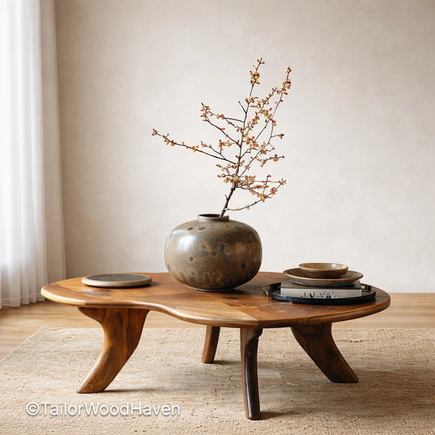 Mid century modern oval coffee table in solid wood with clean lines and smooth surface
