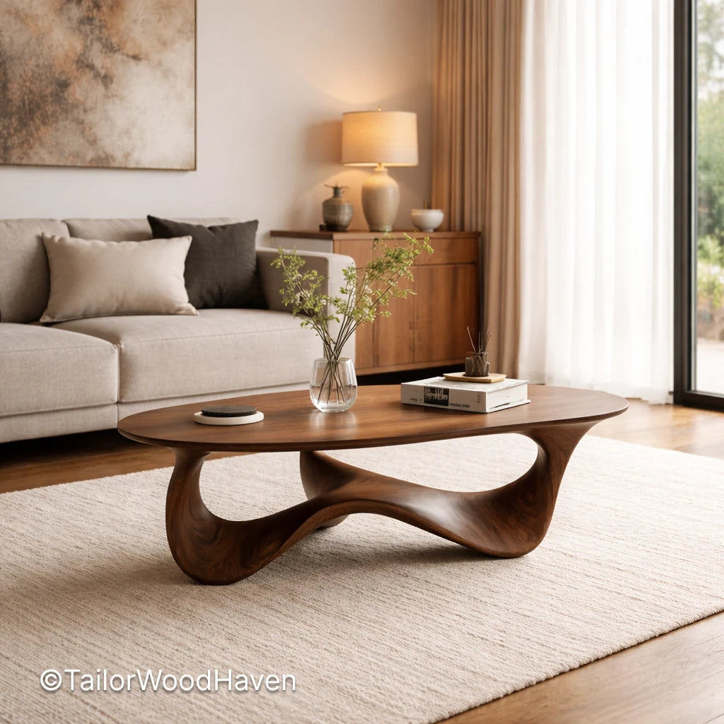 Walnut oval coffee table in solid wood with rich grain and smooth surface