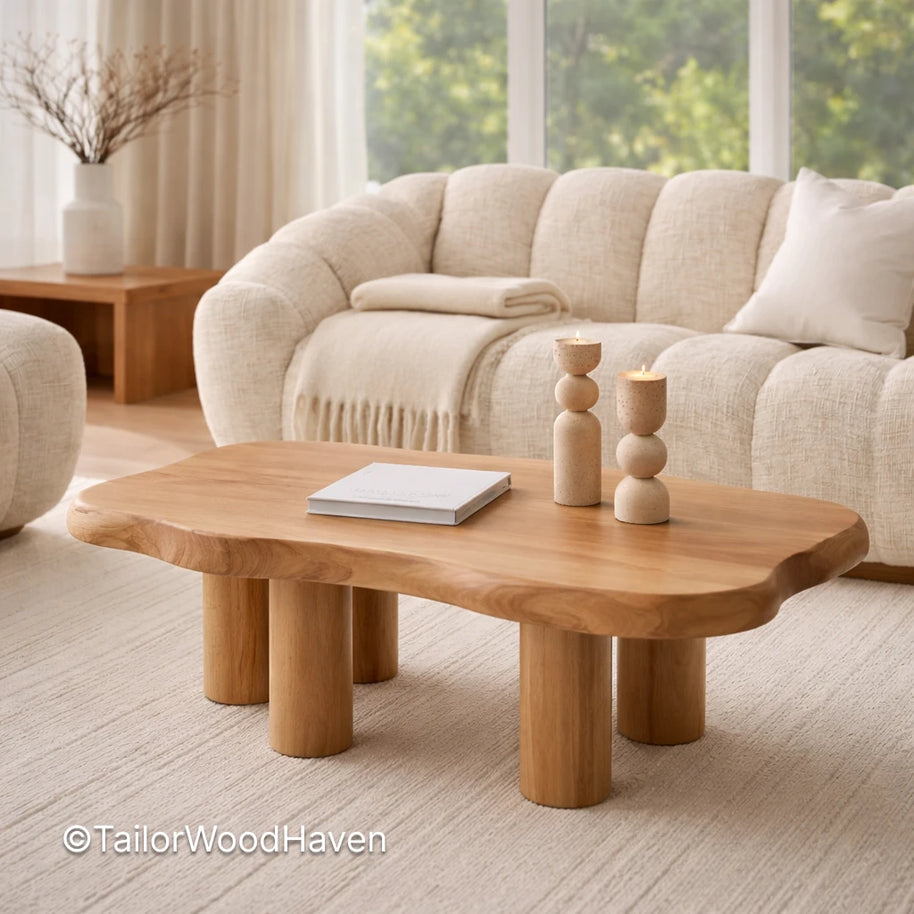 Small oval wooden coffee table in a living room with a beige sofa and decor items.