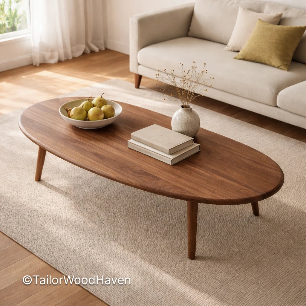 Contemporary oval coffee table in solid wood with smooth surface and modern design