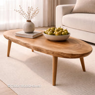 Modern oval coffee table in solid wood with smooth surface and minimalist design