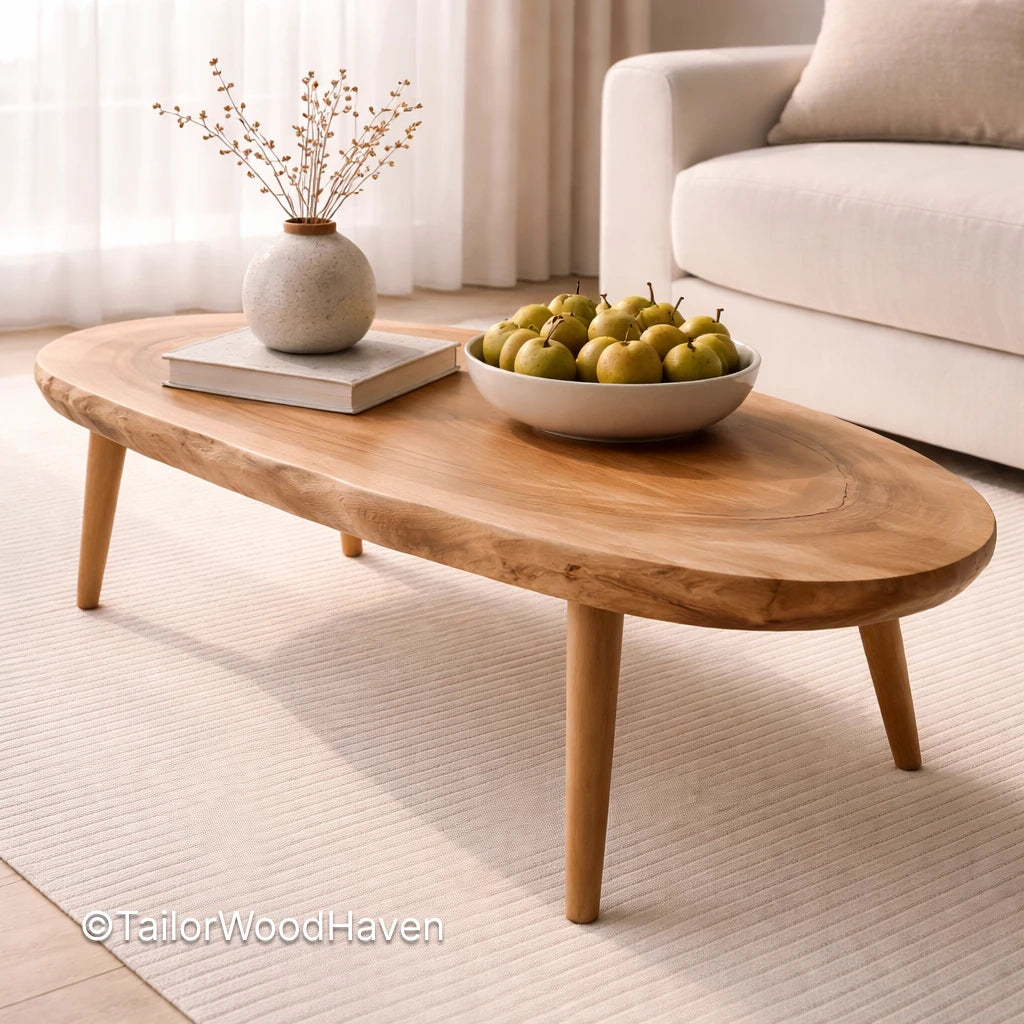 Modern oval coffee table in solid wood with smooth surface and minimalist design