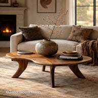 Wooden coffee table with decorative items in a living room setting, featuring a fireplace and sofa.