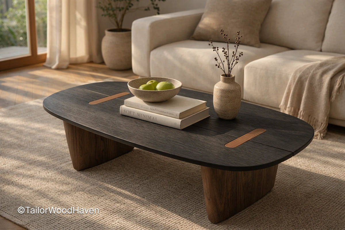 Dark wood oval coffee table with minimalist shape and rich wood tone